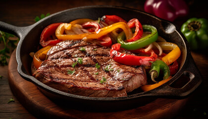 Grilled sirloin steak with vegetables on rustic cast iron plate generated by AI