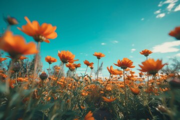 Obraz na płótnie Canvas Beautiful orange cosmos flowers in the field with blue sky background.