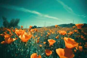 Beautiful meadow with orange poppies. Vintage style.