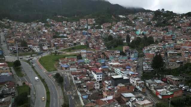 aerial above Bogota Colombia andes capital city crowded population neighbourhood drone