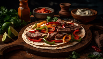 Grilled beef taco with fresh vegetables and spicy guacamole sauce generated by AI
