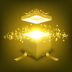 Open gift box with golden ray light