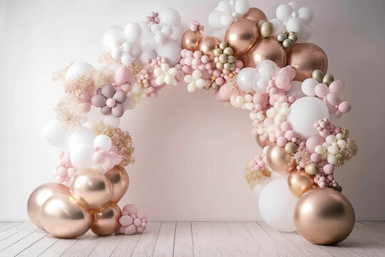 Birthday party baloon arch decoration against beige wall