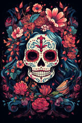 La Catrina dia de muertos Skull. Bemalter Schädel mit schwarz blauen Haaren in rot blau und mit Blumen. Tag der Toten in Mexico. Hochkant. Hochformat. Generative Ai.