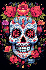 La Catrina dia de muertos Skull. Bemalter Schädel in bunt mit Blumen. Tag der Toten in Mexico. Hochkant. Hochformat. Generative Ai.