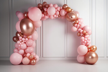 Wedding balloon decoration in arch against white wall