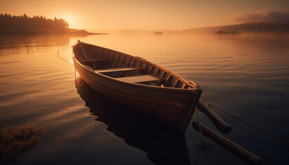 Silent canoe moored on tranquil pond at twilight, autumn beauty generated by AI