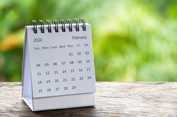February 2024 table calendar with customizable space for text. Calendar concept and copy space