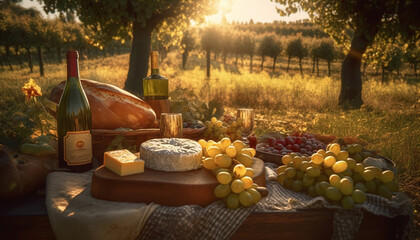 Sunset picnic with fresh wine, gourmet food, and vineyard scenery generated by AI