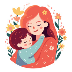 adult woman holding her baby son with love to illustrate mother's day or motherhood minimalist vector illustration