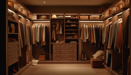 Modern fashion collection in elegant wooden cabinet, neat and luxurious generated by AI