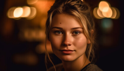 Young adult woman, Caucasian ethnicity, smiling, looking at camera indoors generated by AI