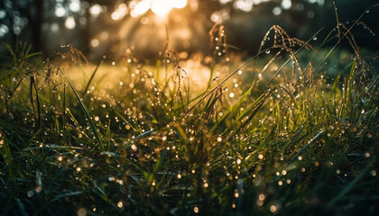 Vibrant green meadow in summer, dew drops on blades of grass generated by AI