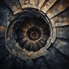 Stone dark spiral staircase looking up from below illus wallpaper generated AI