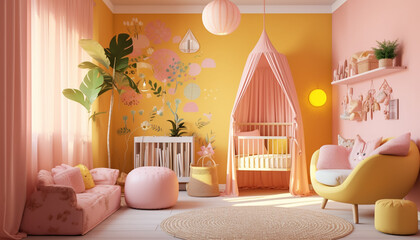 Modern pink nursery with cute toys and comfortable bedding decor generated by AI