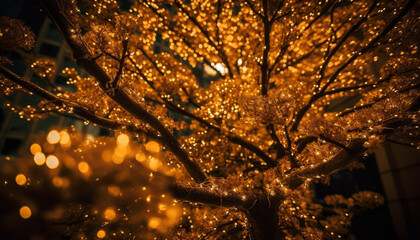 Shiny Christmas lights illuminate dark tree in defocused nature backdrop generated by AI