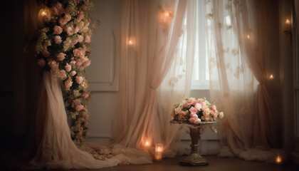 Elegant wedding celebration with luxurious flower arrangements and candle lighting generated by AI