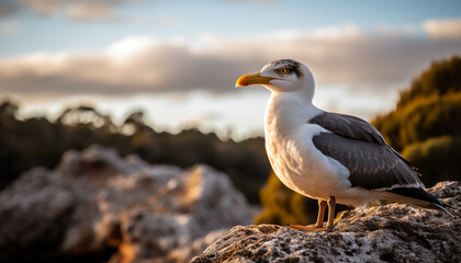 Fototapeta na wymiar Seagull perching on cliff, flying over blue water at sunset generated by AI