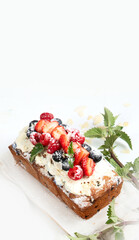 Dessert table. Top view, Summer cake with berries. Healthy dessert concept.