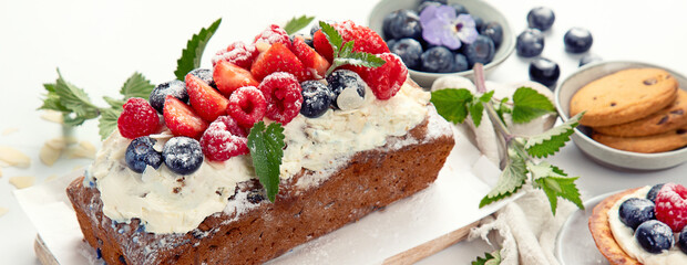 Dessert table. Top view, Summer cake with berries. Healthy dessert concept.