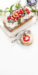 Dessert table. Top view, Summer cake with berries. Healthy dessert concept.