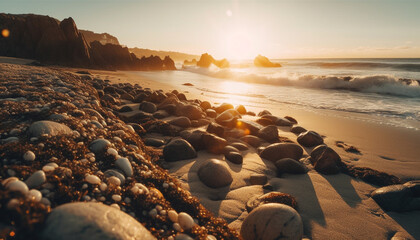 Obraz premium Tranquil seascape at dusk waves crash on rocky coastline generated by AI