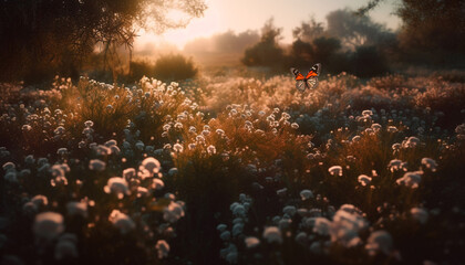 Vibrant wildflower meadow in natural beauty, backlit by sunset generated by AI