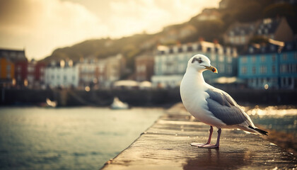 Obraz premium Seagull perched on jetty, beak in focus, overlooking tranquil sea generated by AI