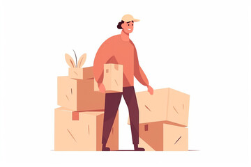 Generative AI. Moving concept. Cardboard boxes. Office relocation concept. man with boxes moving to new location. Cartoon style, trendy design. man moving home