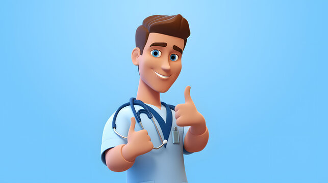 3d render, caucasian young man, nurse cartoon character wears blue shirt, looks at camera, shows right direction with finger. Medical clip art isolated on light background
