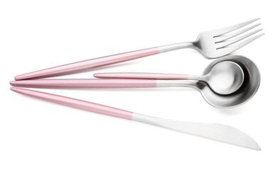 Stainless steel set of cutlery with pink handles on white background