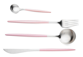 Stainless steel set of cutlery with pink handles on white background