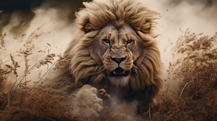 Fierce Lion Charging Through the Savanna, Power and Dominance in the Wild