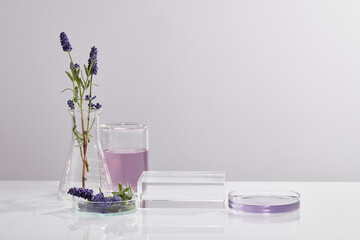 Transparent square podium decorated with petri dishes, beaker and a erlenmeyer flask. Purple fluid....