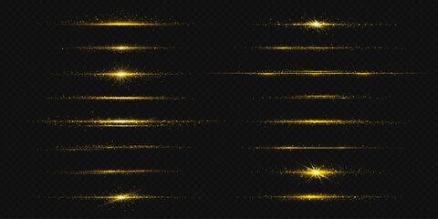 Gold line light glow with sparkle and flare shine. Horizontal golden neon streak effect isolated on transparent background. Magic flash laser strip divider with glitter shimmer design illustration © klyaksun