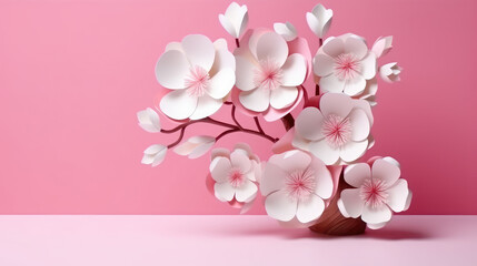Paper Art Origami of pink blossom created with Generative AI Technology