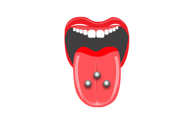 illustration of mouth and tongue pierced with three titanium silver, commonly Triple tongue piercings
