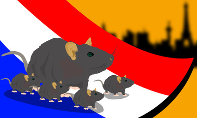 illustration of a rat standing on a french flag with a silhouette of a french city view. human and rats live together in paris problem
