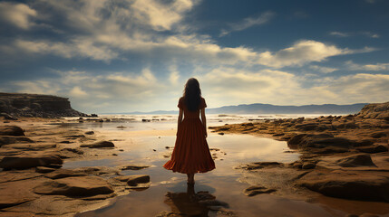 夕日の砂浜に立つ後ろ姿の女性