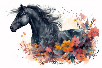 Obraz na płótnie Canvas A painting a black horse head with colorful tropical flowers. Wildlife Animals. Illustration, Generative AI.