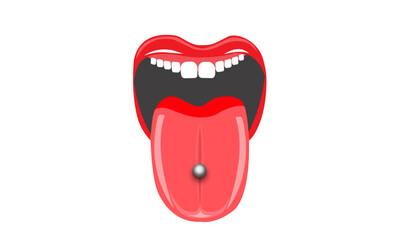 illustration of mouth and tongue pierced with one titanium silver, commonly called snake eye piercing
