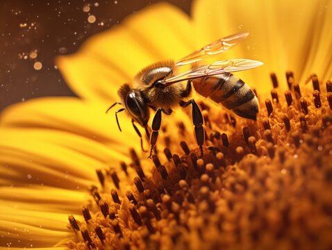 Bee Landing on Sunflower Close-Up
