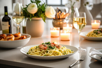 exquisite dining experience, featuring delightful assortment of pasta, seafood, and other delectable dishes arranged on table