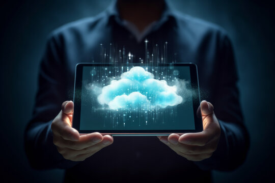 person holding tablet device, demonstrating cutting-edge concept of cloud computing, highlights innovative possibilities offered by cloud-based solutions