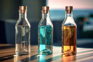 intriguing arrangement of colored bottles filled with various liquids, set against backdrop of table