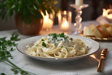 plate filled to brim with generous serving of white pasta adorned with vibrant garnish of fresh parsley