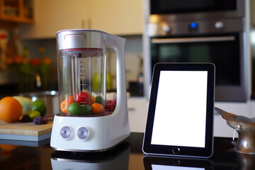 dynamic combination of technology in kitchen, blender plugged into tablet pc, which is placed on sleek countertop