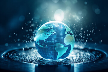Fototapeta na wymiar striking blue globe, surrounded by swirling body of water and splashes of water cascading around it