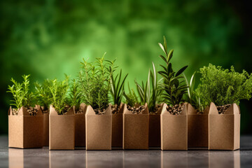 delightful arrangement of various herbs mixed with leaves, all placed in charming brown paper bags, filled with assortment of aromatic herbs and vibrant green
