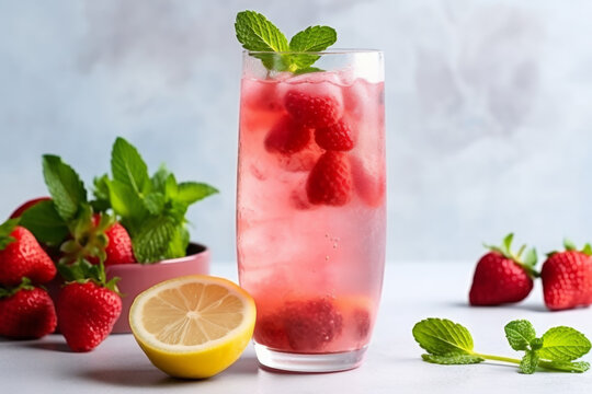refreshing glass of strawberry lemonade, garnished with vibrant green mint leaf, visually appealing beverage